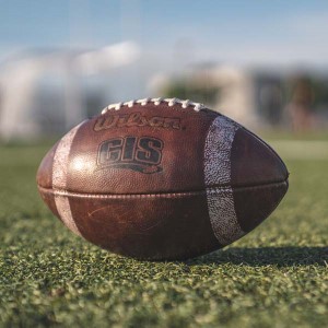 Football sitting in a field.