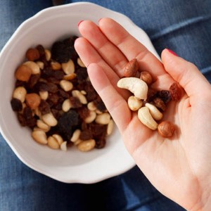 Handful of assorted nuts and raisins.