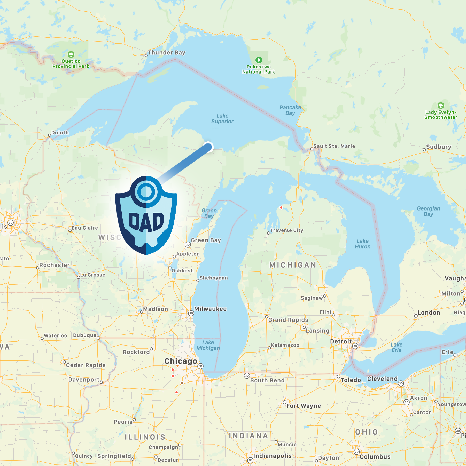 Map of the upper Midwest with DAD logo denoting headquarters location.
