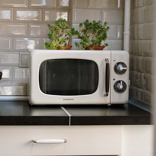 Microwave on a counter.