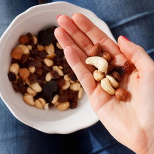 Handful of assorted nuts and raisins.